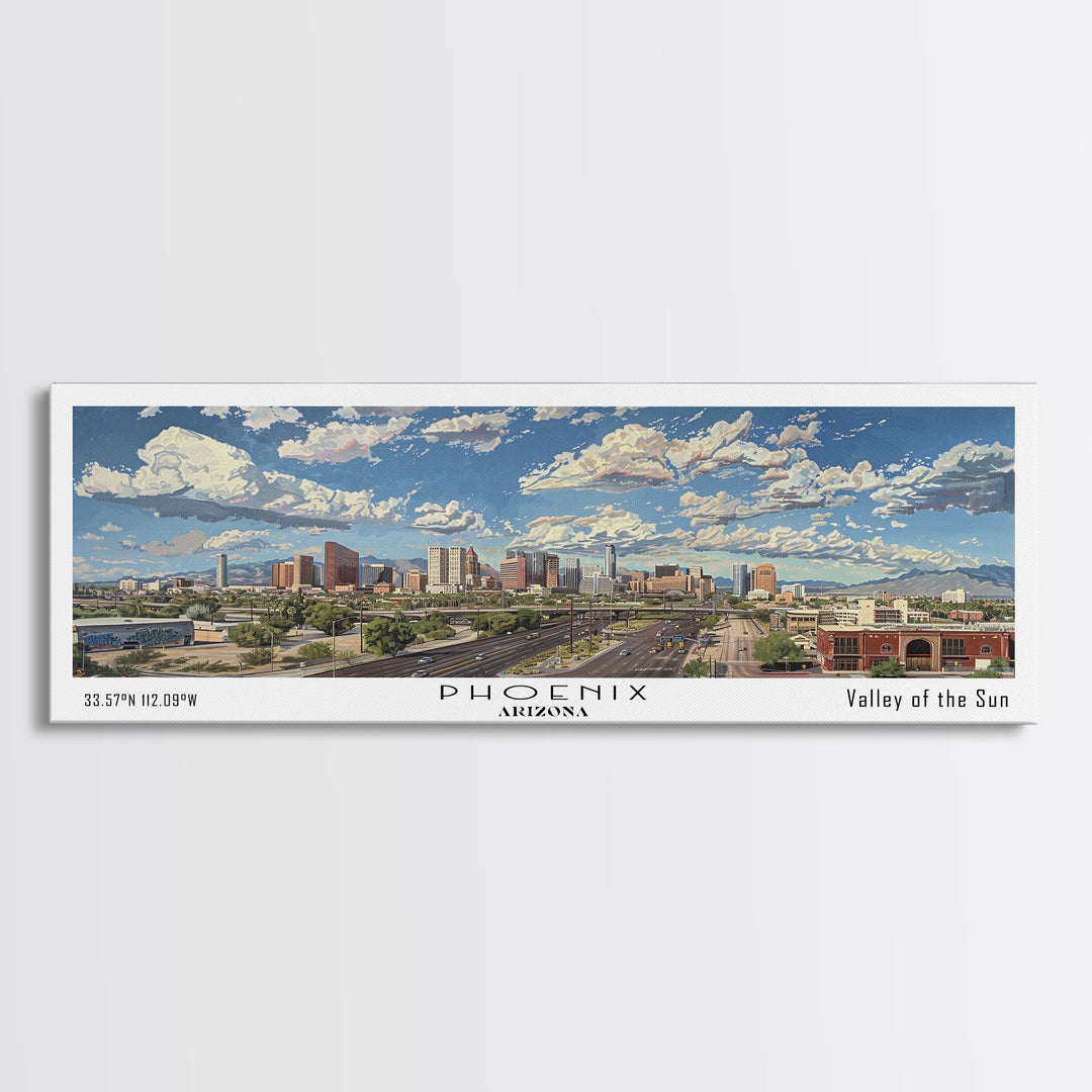 Phoenix Arizona Panoramic Framed Canvas Print, Cityscape Watercolor Painting, Travel Poster for Home Decor, Urban Art, Unique Gift Idea