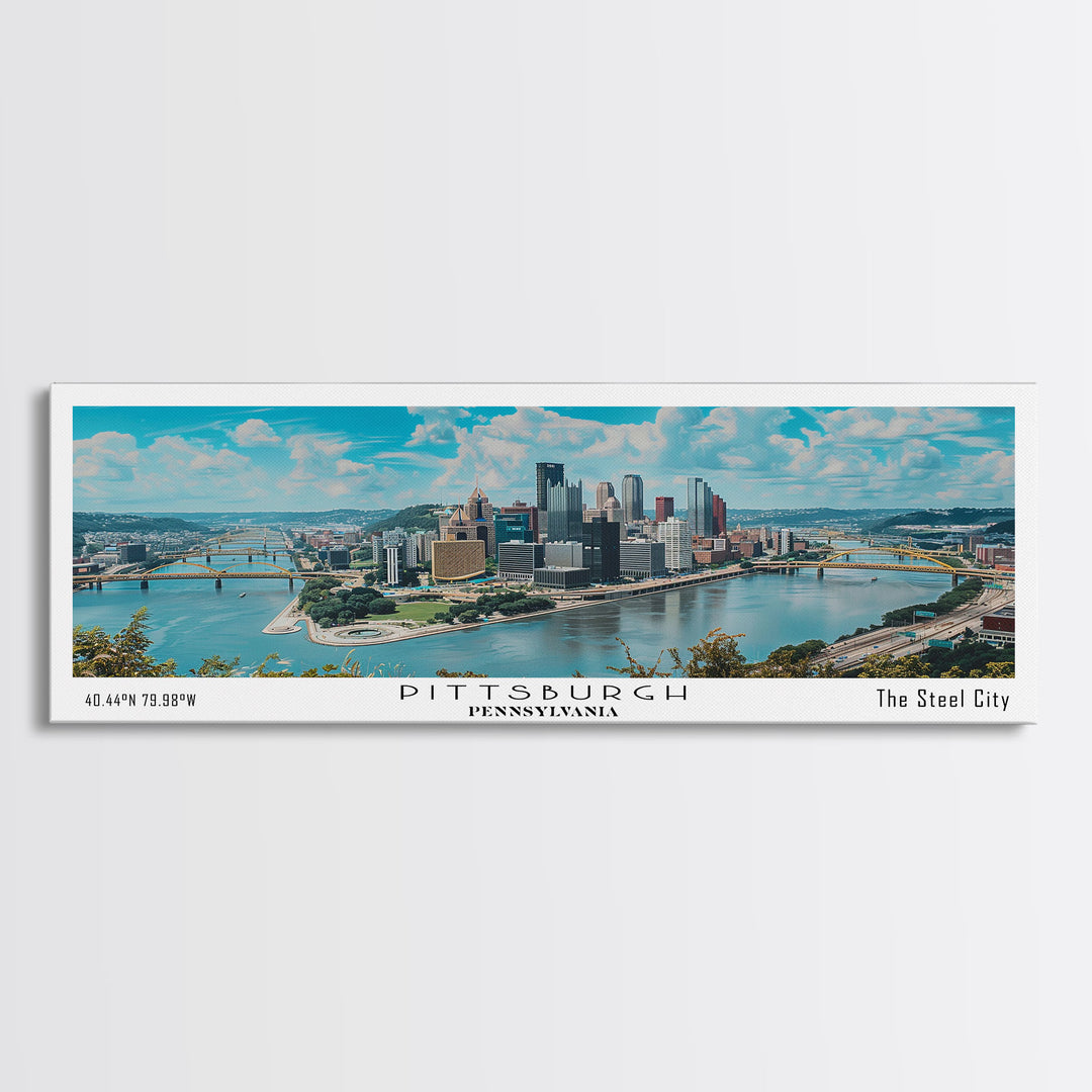 Pittsburgh Pennsylvania Panoramic Painting, Framed Canvas Print, Beautiful Cityscape Watercolor Art, Travel Poster, Modern Home Decor