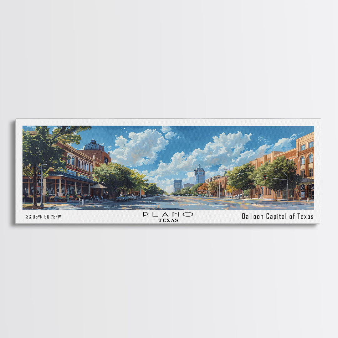Plano Texas Panoramic Framed Canvas Print, Cityscape Watercolor Painting, Travel Poster for Home Decor, Urban Art, Unique Gift Idea