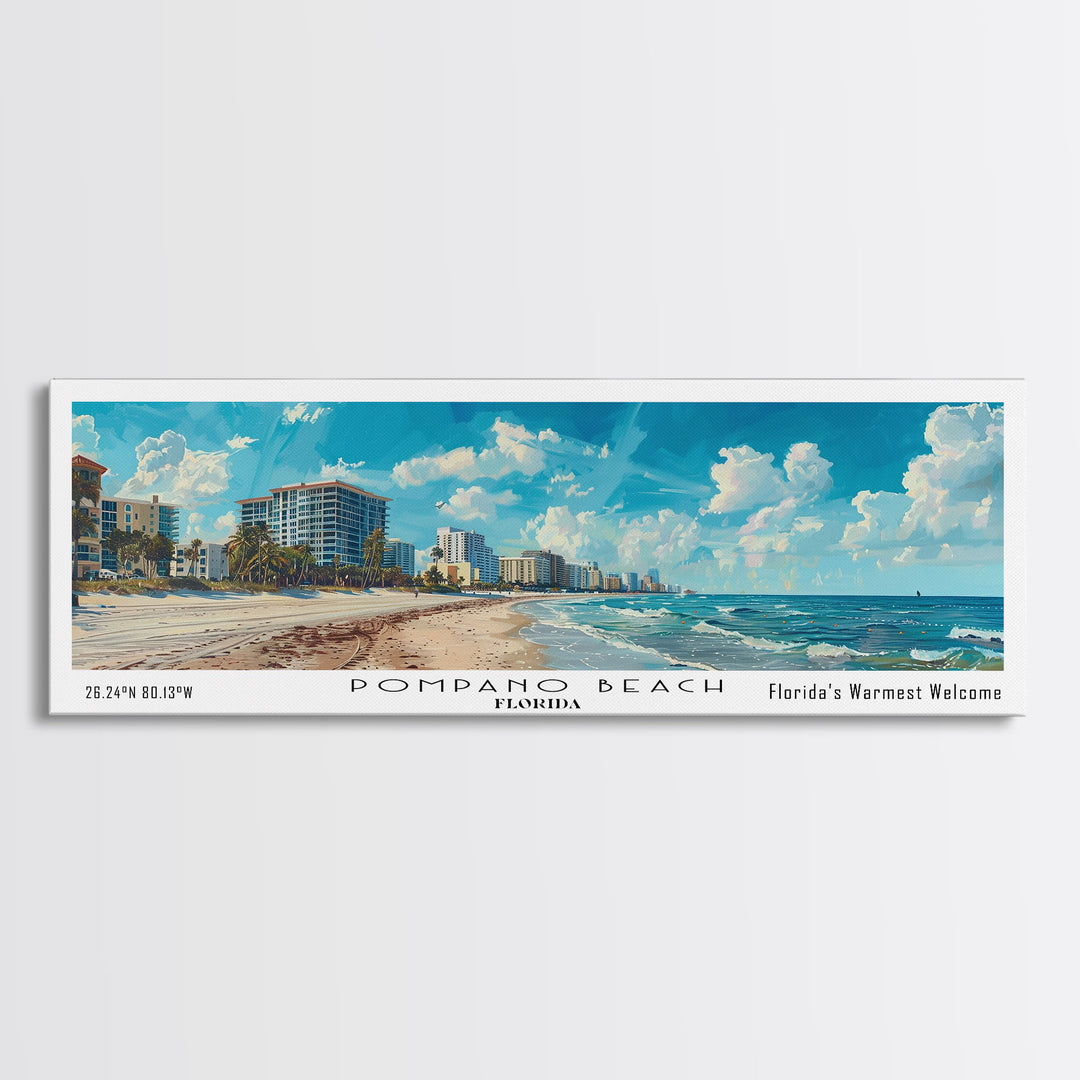 Pompano Beach Florida Panoramic Framed Canvas Print, Watercolor Cityscape Art, Travel Poster, Home Decor, Urban Gift Idea, Living Room Art