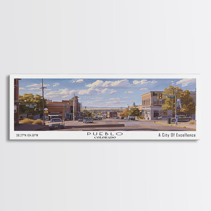 Pueblo Colorado Panoramic Print, Trendy Framed Canvas Print, City Travel Poster, Home Wall Art, Living Room Decor, Artistic Gift