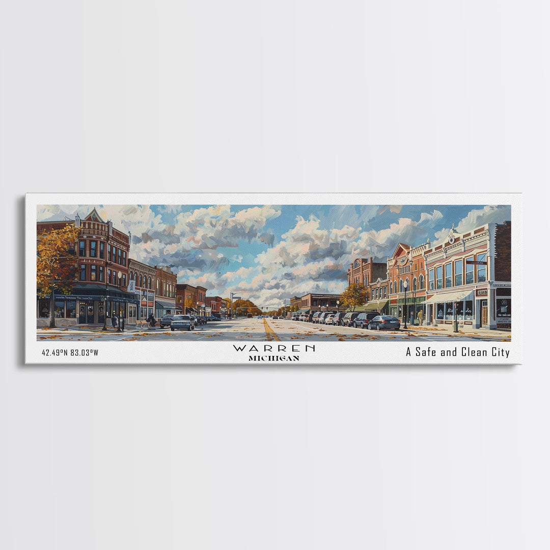 Warren Michigan Panoramic Framed Canvas Print, Vintage Travel Poster, Unique Wall Art, Artistic Home Decor, Office Gift Idea
