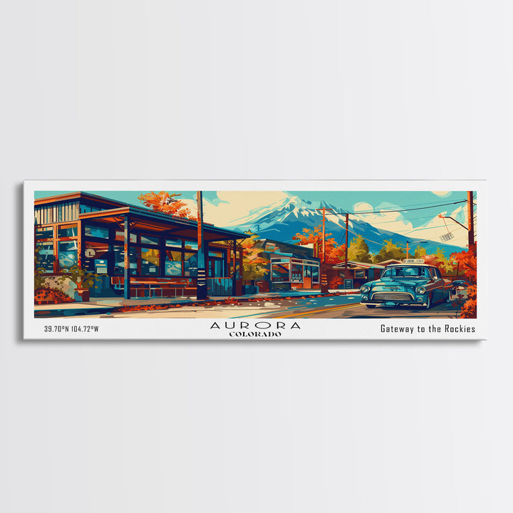 Aurora Colorado Panoramic Painting Framed Canvas Print, Mid Century Modern Art, Pop Art Style, Travel Poster, Wall Art Decor, Retro Style