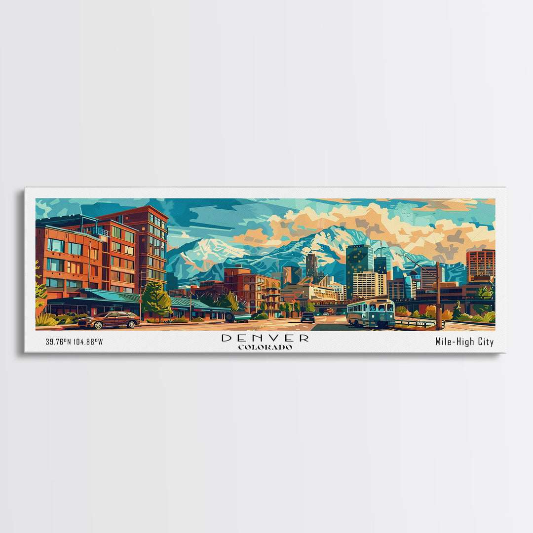 Denver Colorado Panoramic Painting Framed Canvas Print, Mid Century Modern Art, Pop Art Style, Travel Poster, Wall Art Decor, Retro Style
