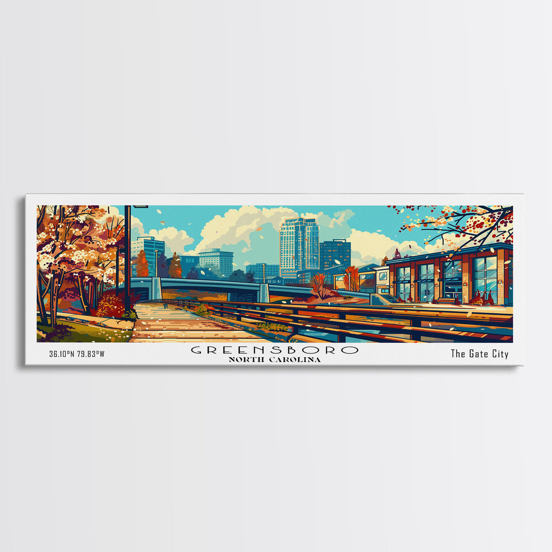 Greensboro North Carolina Panoramic Travel Poster Framed Canvas Print, Mid Century Modern Art, Pop Art Style, Wall Art Decor, Home Decoration
