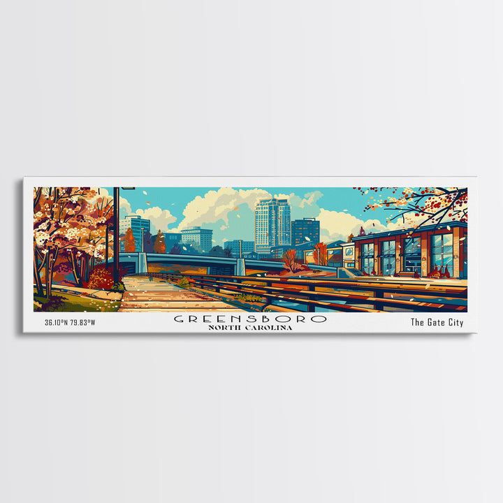 Greensboro North Carolina Panoramic Travel Poster Framed Canvas Print, Mid Century Modern Art, Pop Art Style, Wall Art Decor, Home Decoration