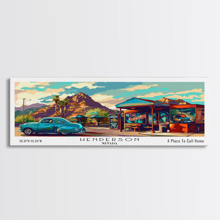 Henderson Nevada Panoramic Painting Framed Canvas Print, Mid Century Modern Art, Pop Art Style, Travel Poster, Living Room Decor