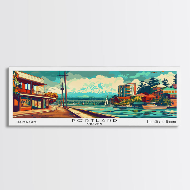 Portland Oregon Panoramic Painting, Mid Century Modern Framed Canvas Print, Retro Style Wall Art, Pop Art Travel Poster