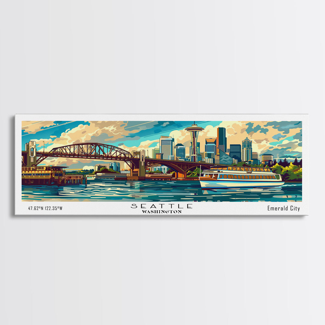 Seattle Washington Panoramic Painting, Mid Century Modern Framed Canvas Print, Retro Style Wall Art, Pop Art Travel Poster