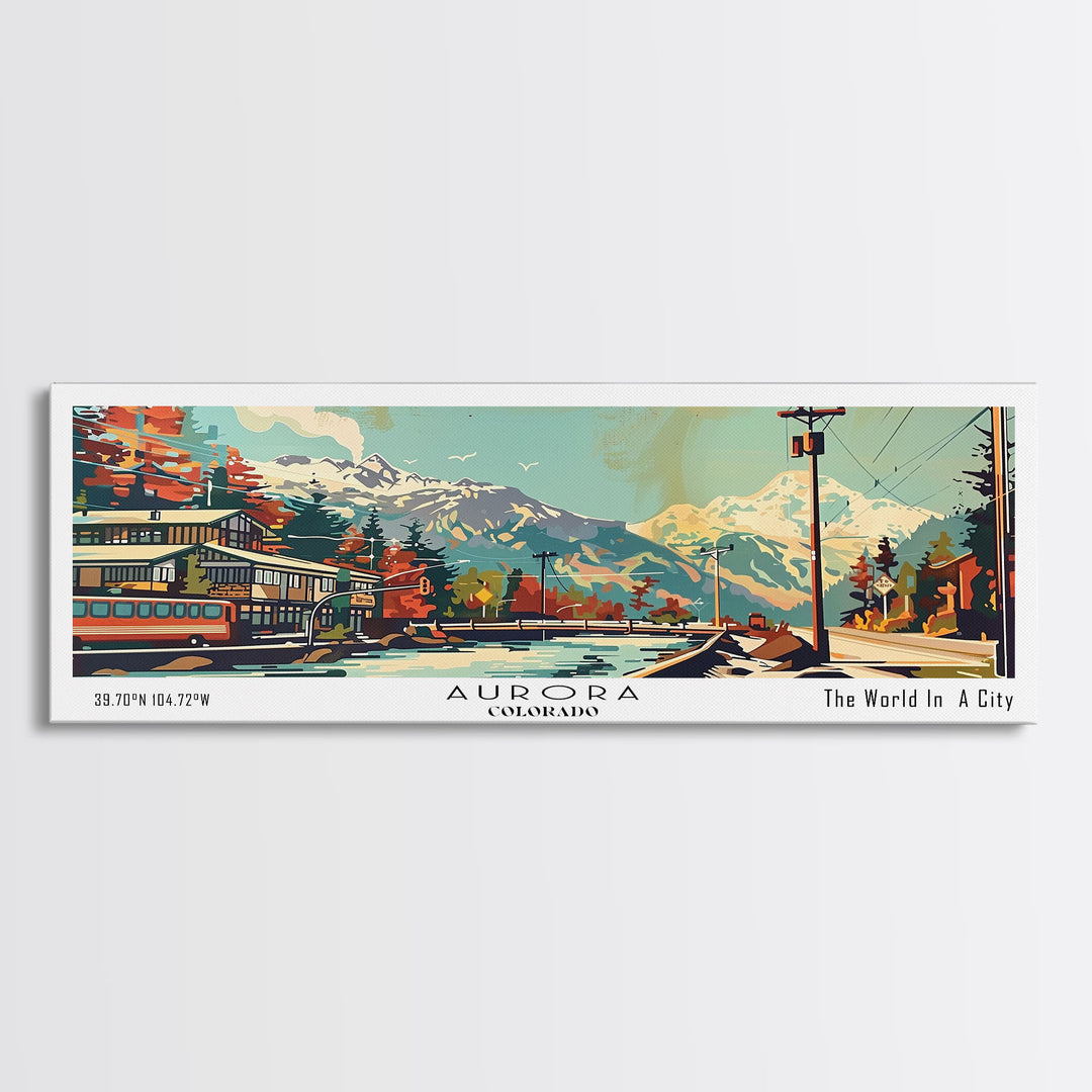 Aurora Colorado Panoramic Wall Art, Retro Pop Art Framed Canvas Print, Mid Century Modern Travel Poster, Living Room Decor, Wall Hanging, Office Art