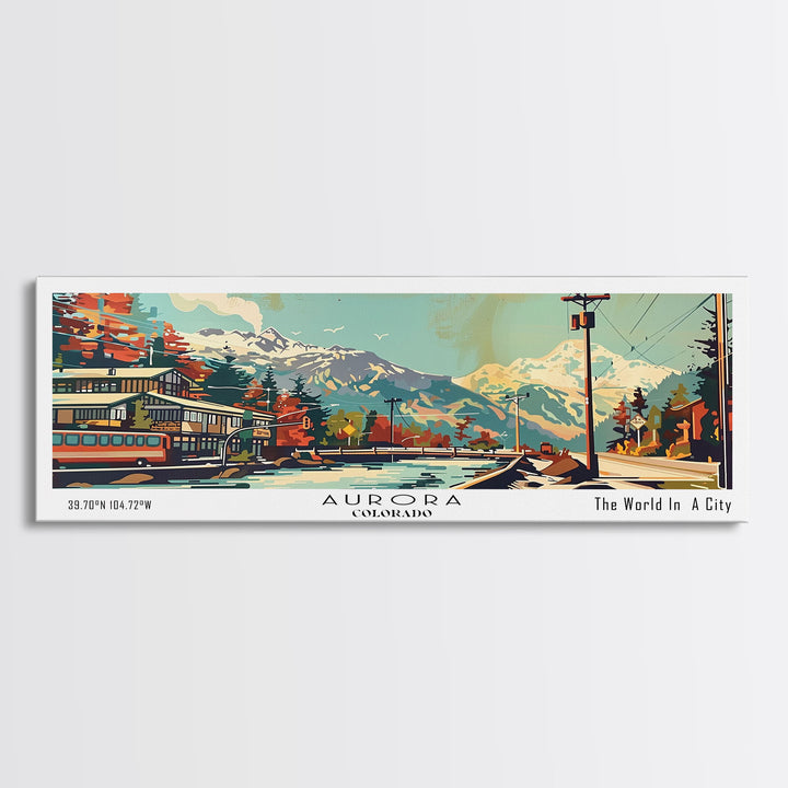 Aurora Colorado Panoramic Wall Art, Retro Pop Art Framed Canvas Print, Mid Century Modern Travel Poster, Living Room Decor, Wall Hanging, Office Art