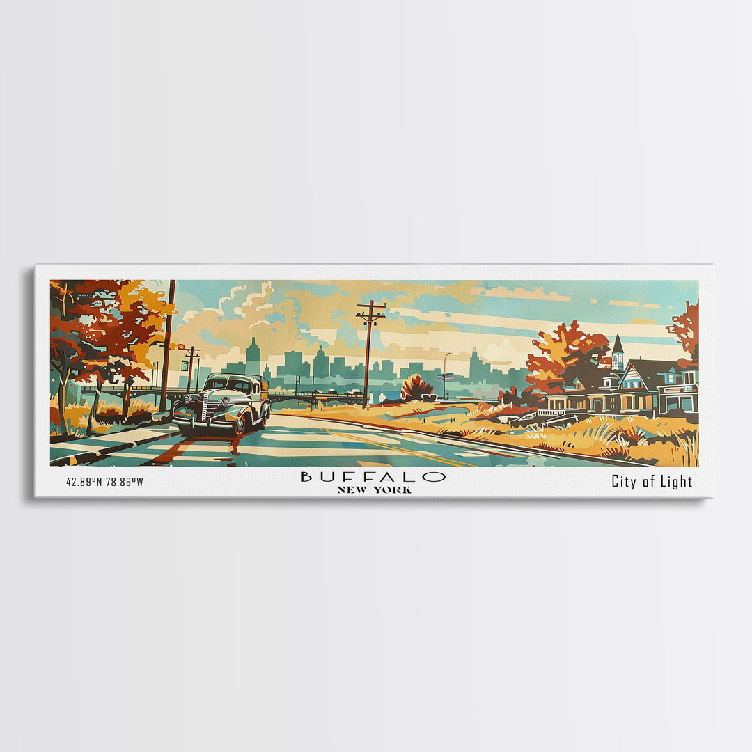 Buffalo New York Panoramic Painting, Mid Century Modern Framed Canvas Print, Retro Pop Art Travel Poster, Wall Decor, Home Decor, Wall Hanging