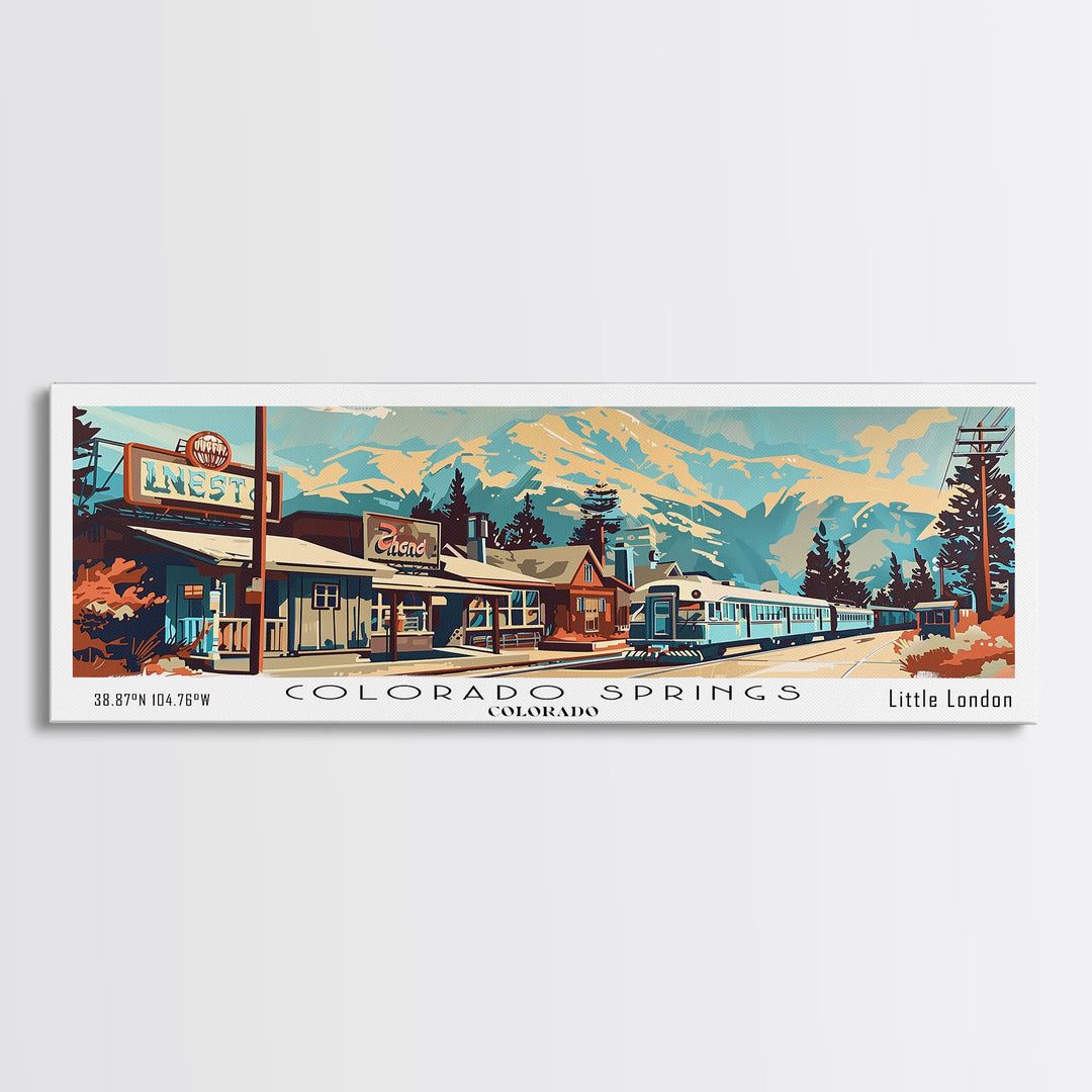 Colorado Springs Colorado Panoramic Painting, Mid Century Modern Framed Canvas Print, Retro Pop Art Travel Poster, Wall Decor, Gift Idea, Home Decor