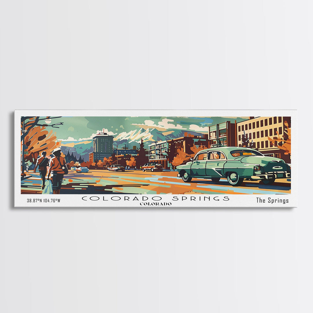 Colorado Springs Colorado Panoramic Wall Art, Retro Pop Art Framed Canvas Print, Mid Century Modern Travel Poster, Living Room Decor, Wall Hanging, Office Art