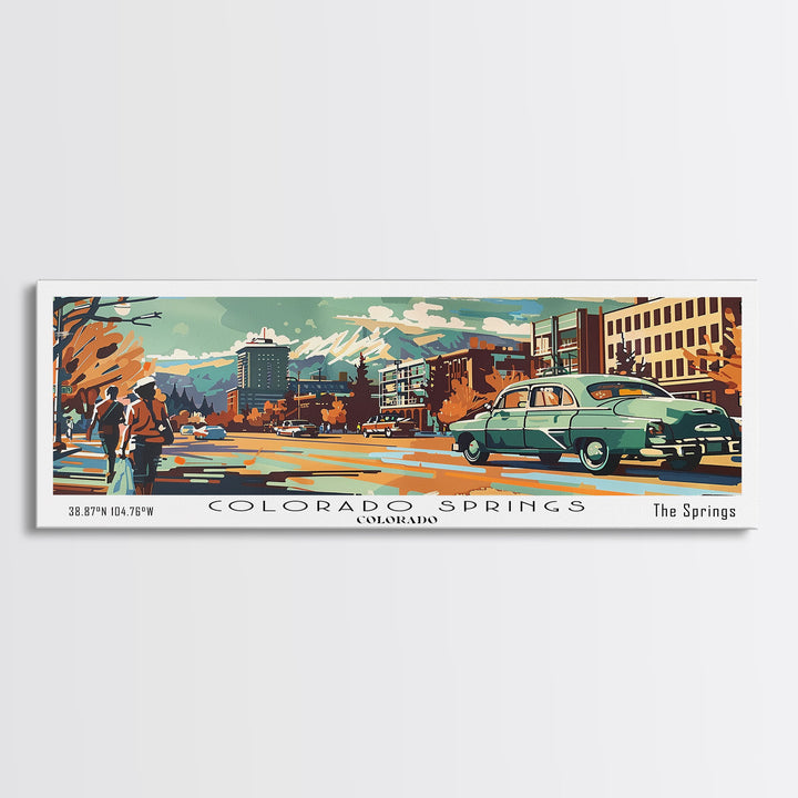Colorado Springs Colorado Panoramic Wall Art, Retro Pop Art Framed Canvas Print, Mid Century Modern Travel Poster, Living Room Decor, Wall Hanging, Office Art