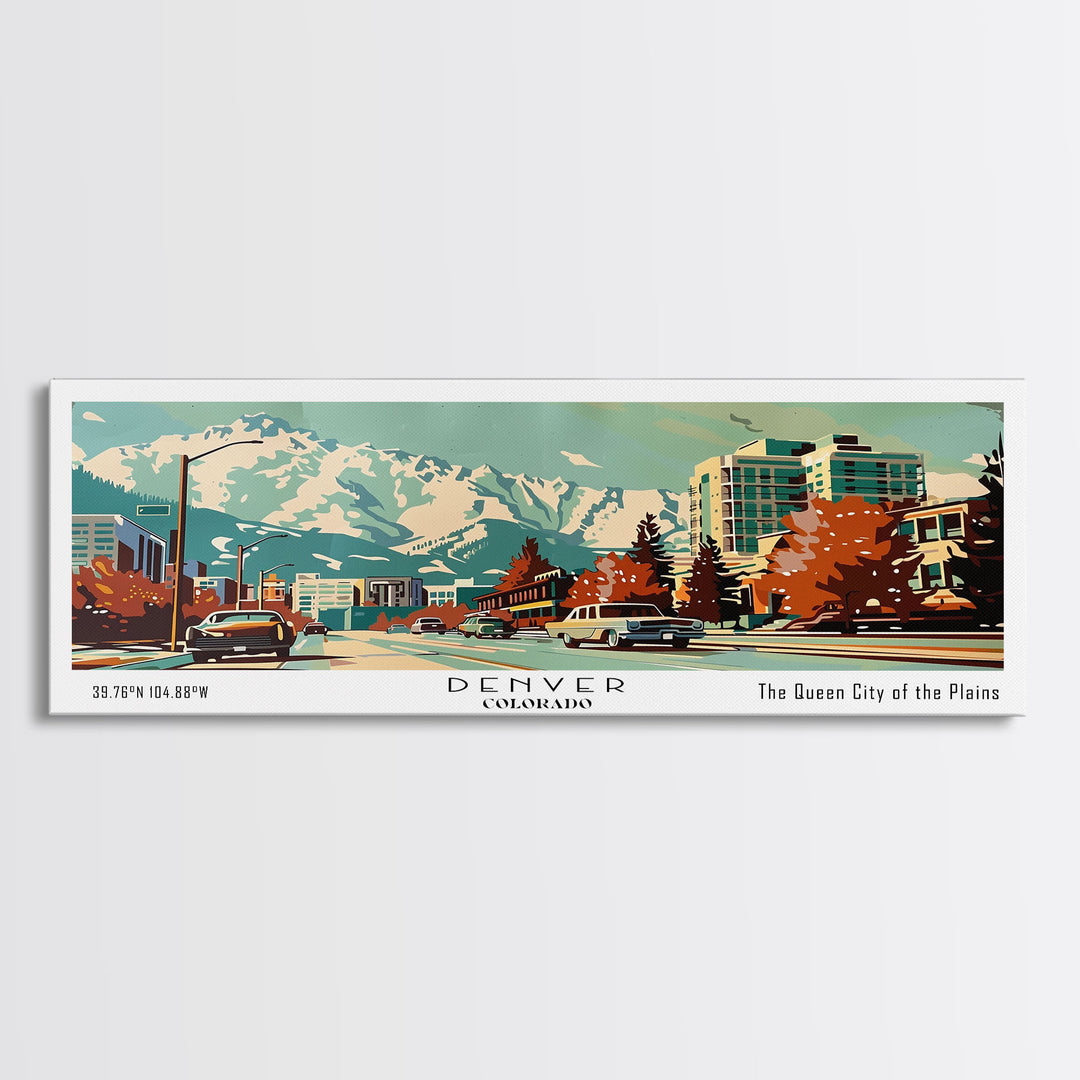 Denver Colorado Panoramic Painting, Mid Century Modern Framed Canvas Print, Retro Pop Art Travel Poster, Wall Art, Home Decor, Office Wall Art