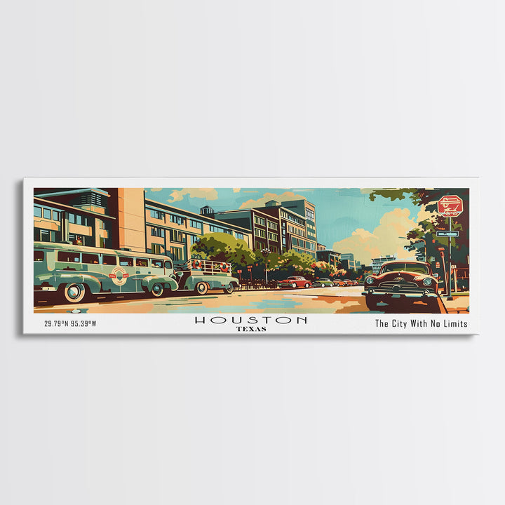 Houston Texas Panoramic Painting, Mid Century Modern Framed Canvas Print, Retro Pop Art Travel Poster, Wall Art, Home Decor, Office Wall Art, Living Room Decor