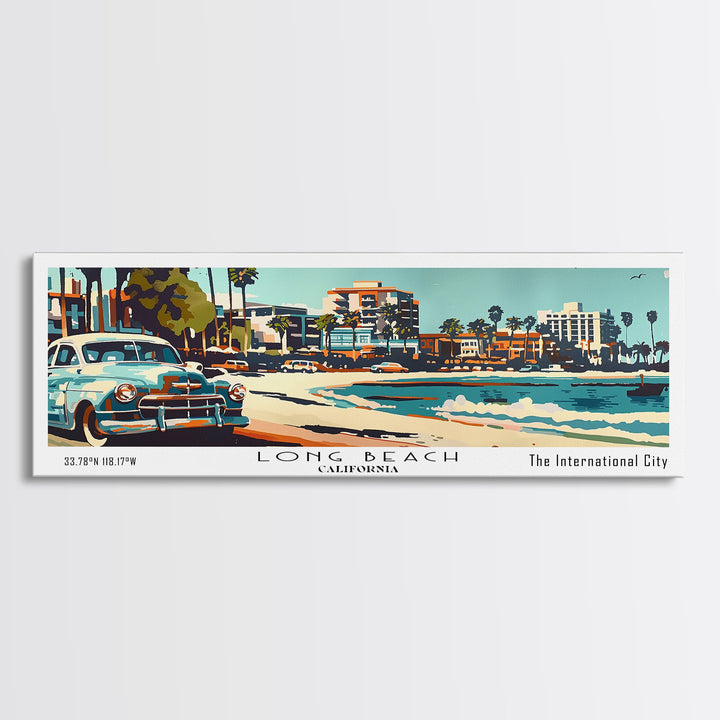 Long Beach California Panoramic Painting, Mid Century Modern Framed Canvas Print, Retro Pop Art Travel Poster, Living Room Wall Art, Home Decor, Vintage Style