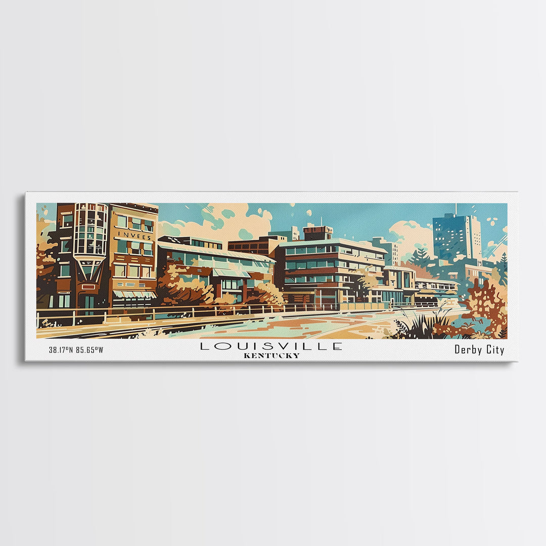 Louisville Kentucky Panoramic Painting, Mid Century Modern Framed Canvas Print, Retro Pop Art Travel Poster, Living Room Art, Home Decor, Office Decor, Vintage Style