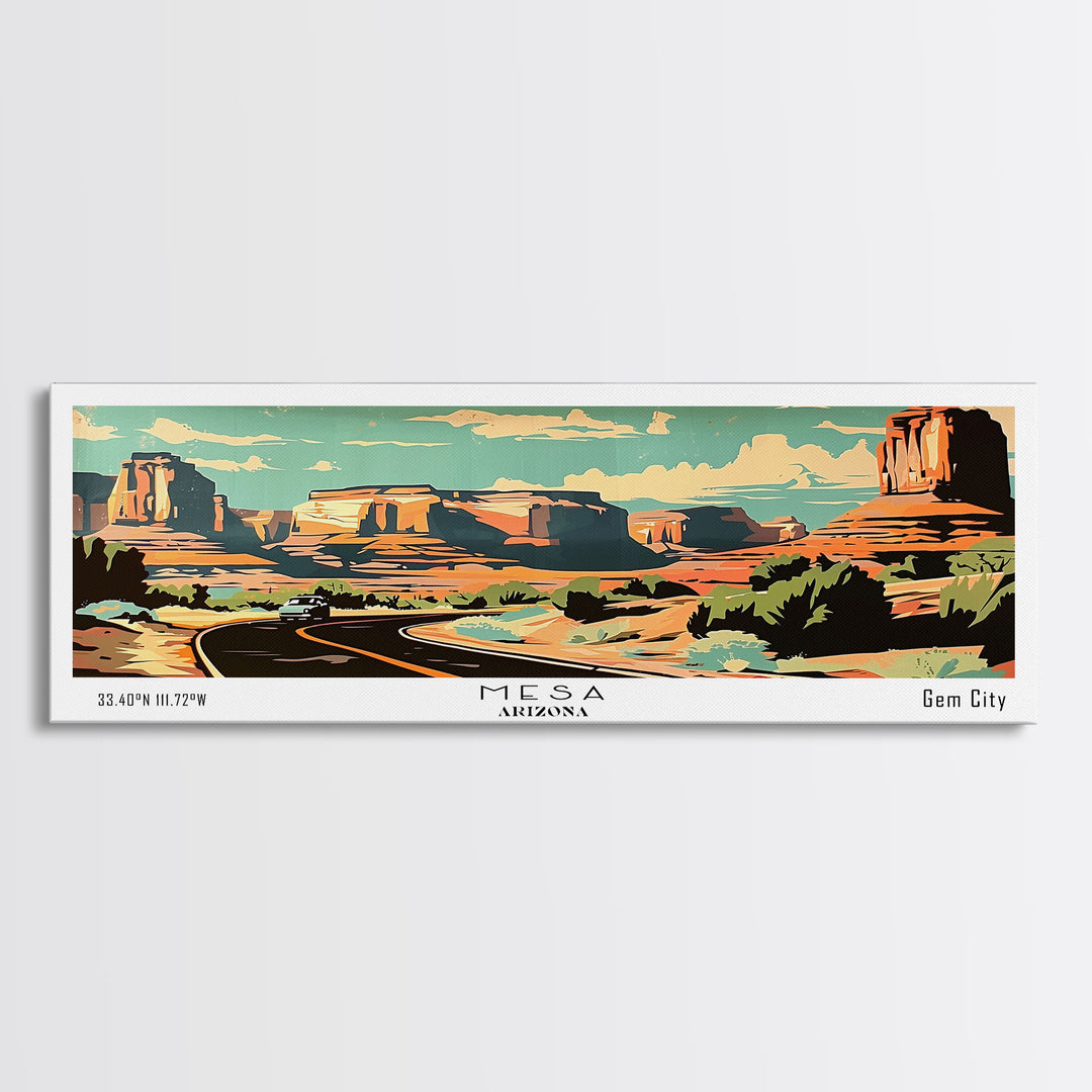 Mesa Arizona Panoramic Painting, Mid Century Modern Framed Canvas Print, Retro Pop Art Travel Poster, Living Room Art, Home Decor, Office Wall Art, Vintage Style