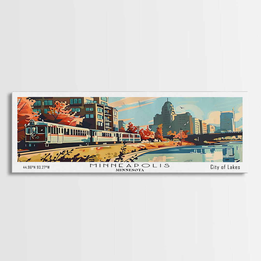 Minneapolis Minnesota Panoramic Painting, Mid Century Modern Framed Canvas Print, Retro Pop Art Travel Poster, Living Room Art, Home Decor, Office Wall Art, Vintage Style
