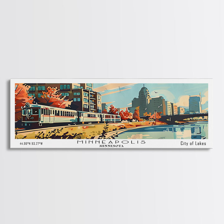 Minneapolis Minnesota Panoramic Painting, Mid Century Modern Framed Canvas Print, Retro Pop Art Travel Poster, Living Room Art, Home Decor, Office Wall Art, Vintage Style