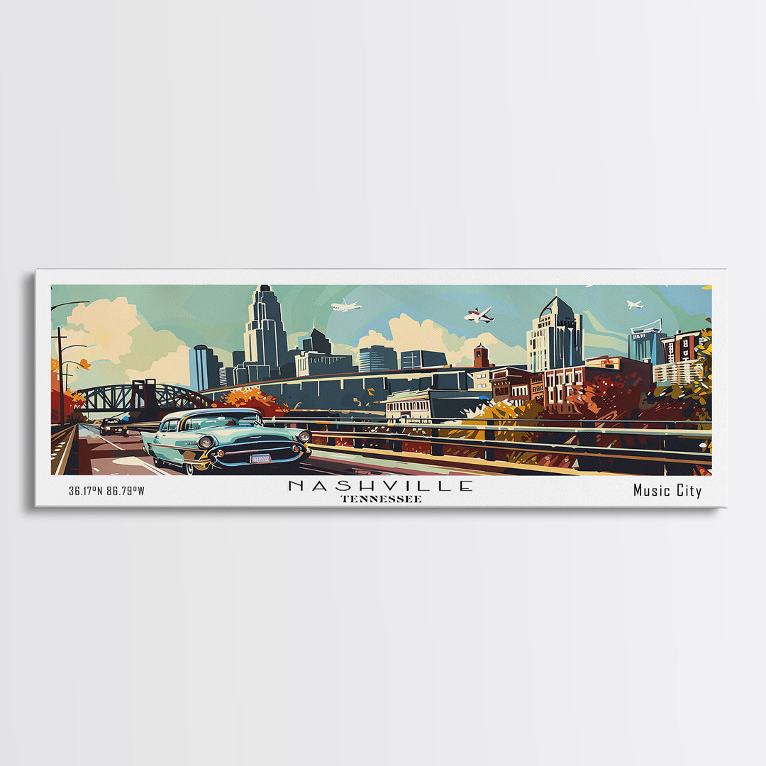 Nashville Tennessee Panoramic Painting, Mid Century Modern Framed Canvas Print, Retro Pop Art Travel Poster, Living Room Art, Home Decor, Office Wall Art, Vintage Style