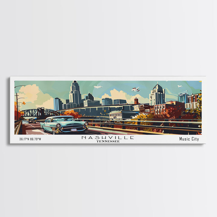 Nashville Tennessee Panoramic Painting, Mid Century Modern Framed Canvas Print, Retro Pop Art Travel Poster, Living Room Art, Home Decor, Office Wall Art, Vintage Style
