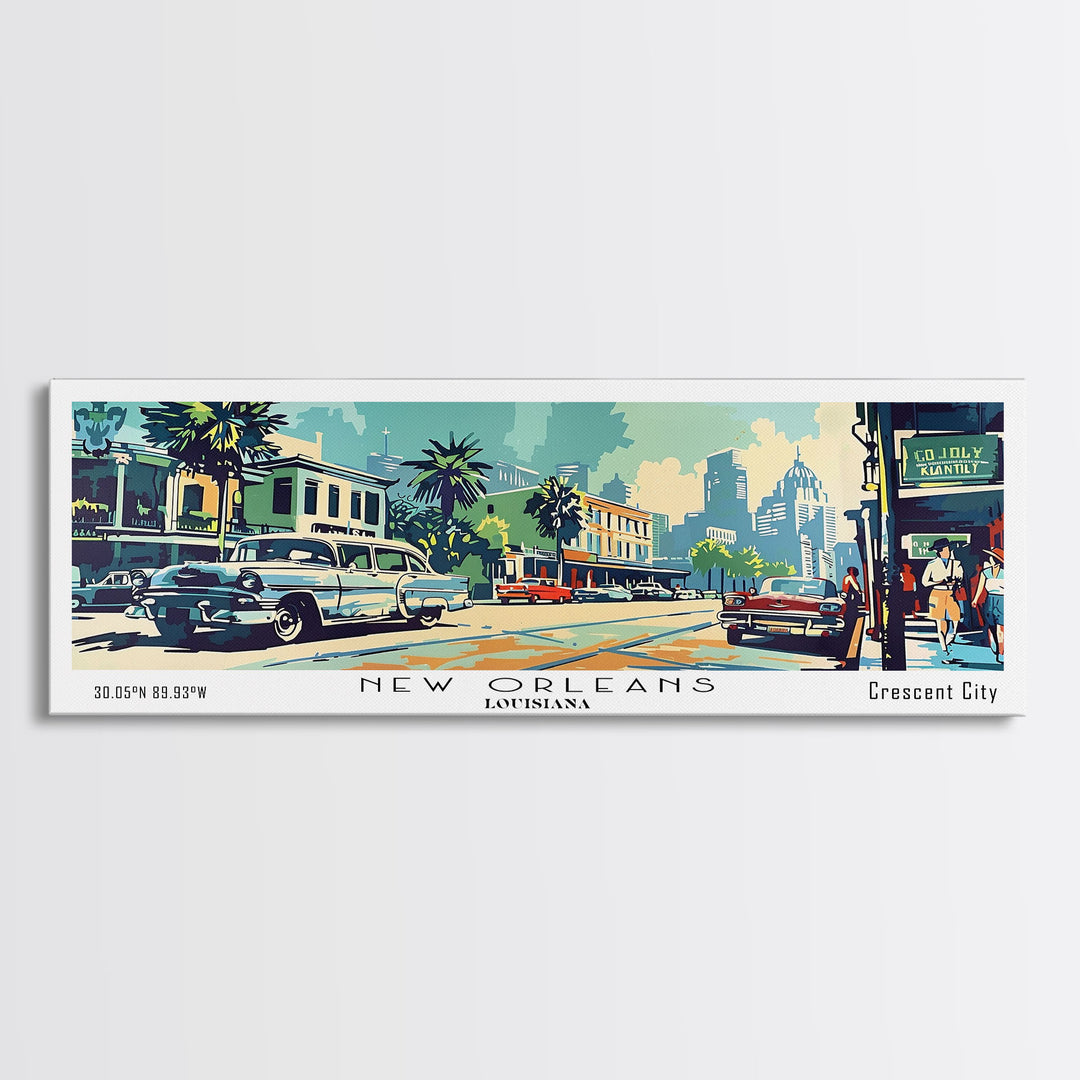 New Orleans Louisiana Panoramic Painting, Mid Century Modern Framed Canvas Print, Retro Pop Art Travel Poster, Living Room Art, Home Decor, Office Wall Art, Vintage Style