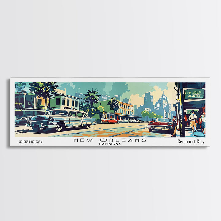 New Orleans Louisiana Panoramic Painting, Mid Century Modern Framed Canvas Print, Retro Pop Art Travel Poster, Living Room Art, Home Decor, Office Wall Art, Vintage Style