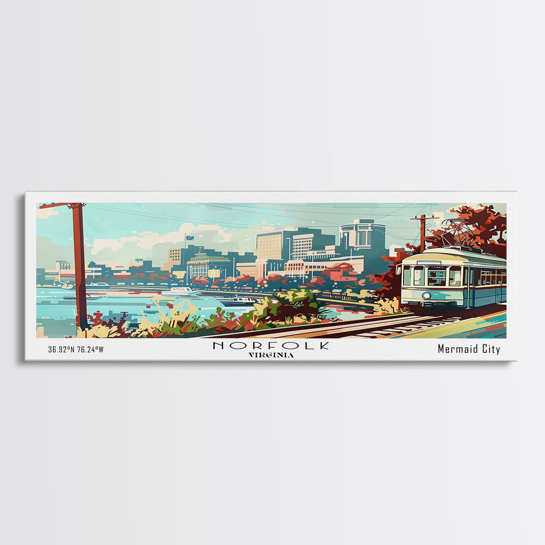 Norfolk Virginia Panoramic Painting, Mid Century Modern Framed Canvas Print, Retro Pop Art Travel Poster, Living Room Art, Home Decor, Office Wall Art, Vintage Style