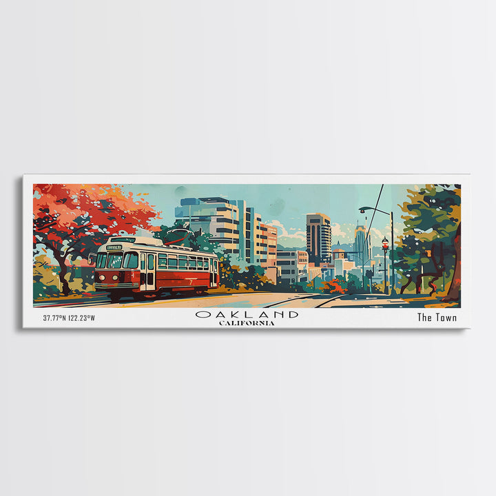 Oakland California Panoramic Painting, Mid Century Modern Framed Canvas Print, Retro Pop Art Travel Poster, Living Room Art, Home Decor, Office Wall Art, Vintage Style