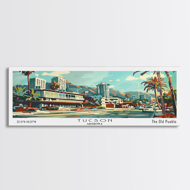 Tucson Arizona Panoramic Wall Art, Mid Century Modern Framed Canvas Print, Retro Pop Art Travel Poster, Living Room and Office Decor