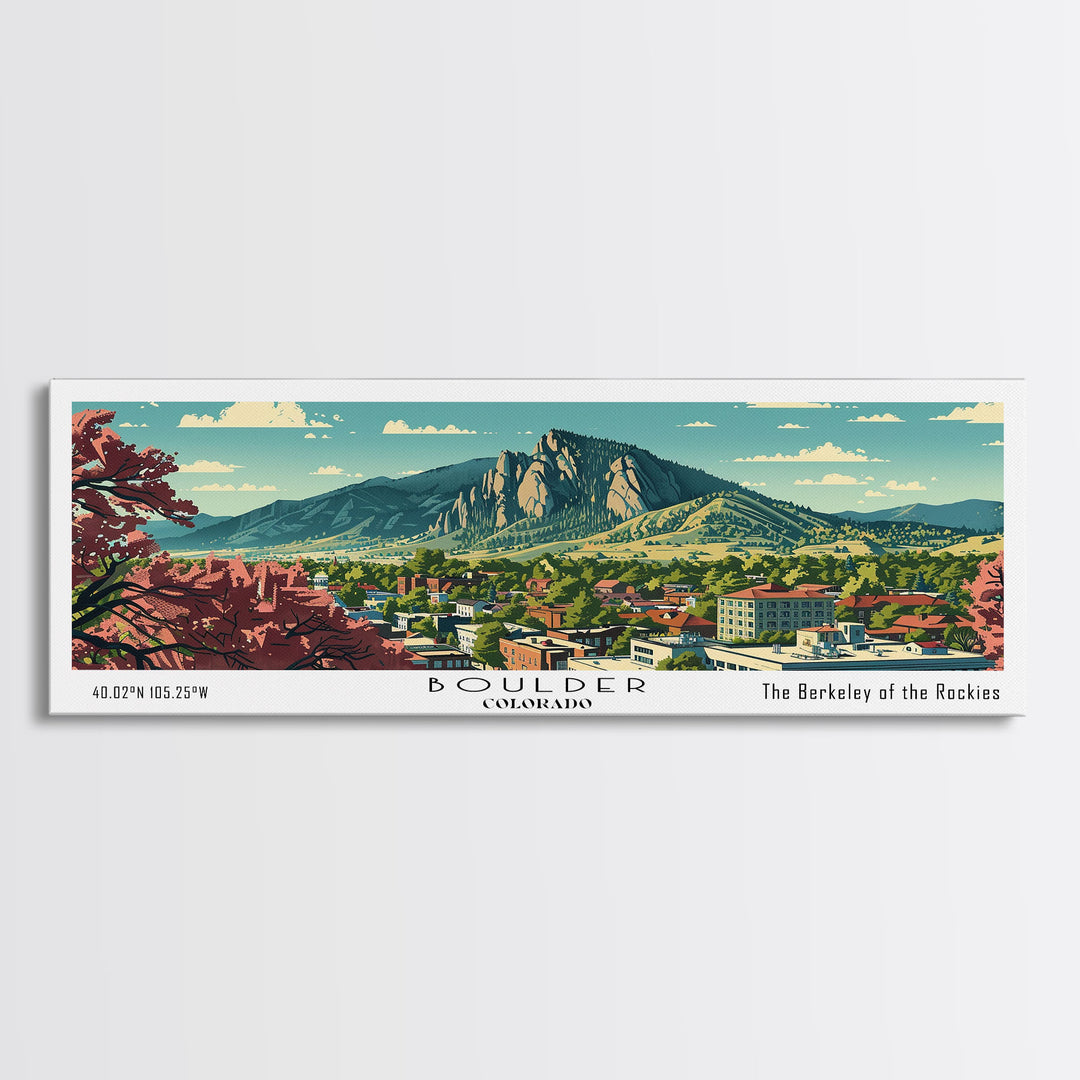 Boulder Colorado Panoramic Painting, Mid Century Modern Framed Canvas Print, Retro Pop Art Travel Poster, Living Room Wall Art Decor, City Print