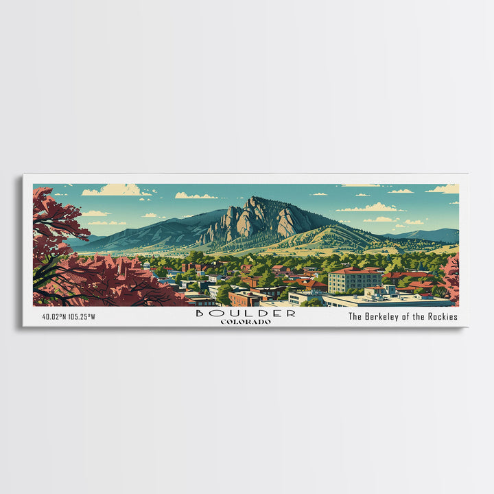 Boulder Colorado Panoramic Painting, Mid Century Modern Framed Canvas Print, Retro Pop Art Travel Poster, Living Room Wall Art Decor, City Print