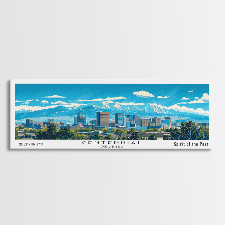 Centennial Colorado Panoramic Painting, Mid Century Modern Framed Canvas Print, Retro Pop Art Travel Poster, Office Wall Art Decor, City Art