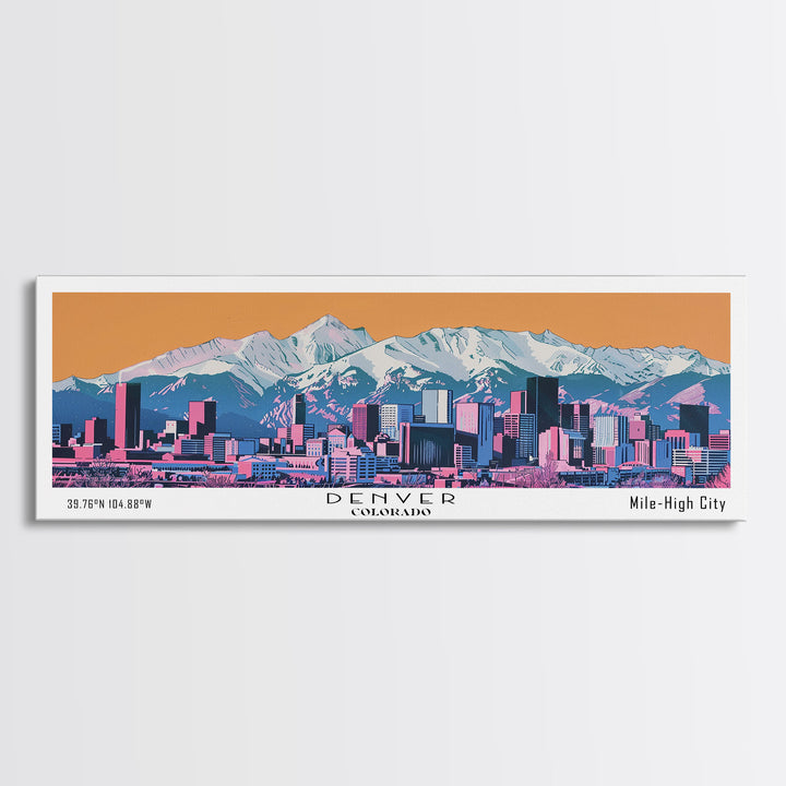 Denver Colorado Panoramic Wall Art, Mid Century Modern Framed Canvas Print, Retro Pop Art Travel Poster, City Living Room Art, Office Decor