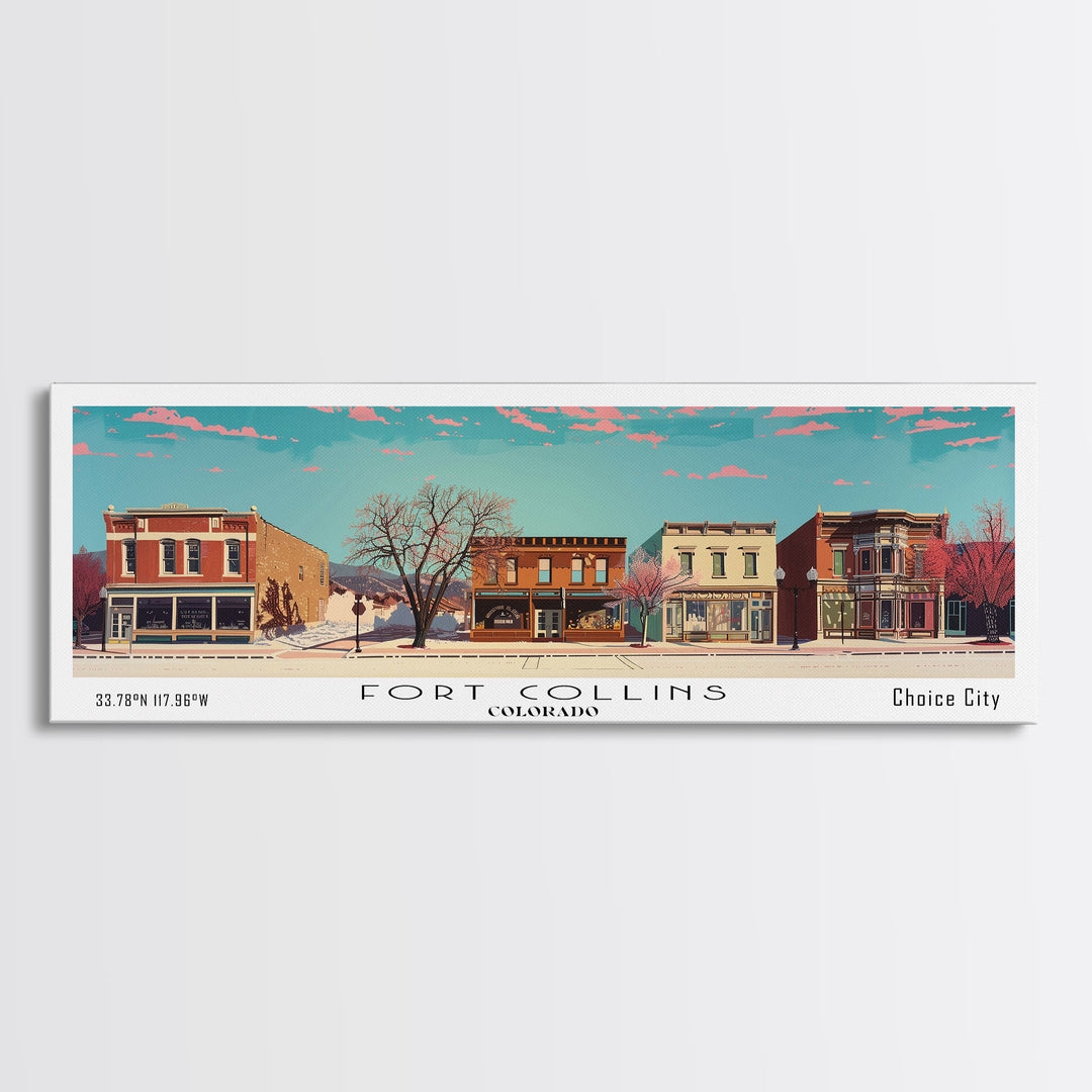 Fort Collins Colorado Panoramic Painting, Mid Century Modern Framed Canvas Print, Retro Pop Art Travel Poster, Office Wall Decor