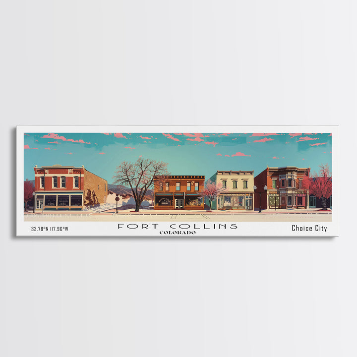Fort Collins Colorado Panoramic Painting, Mid Century Modern Framed Canvas Print, Retro Pop Art Travel Poster, Office Wall Decor