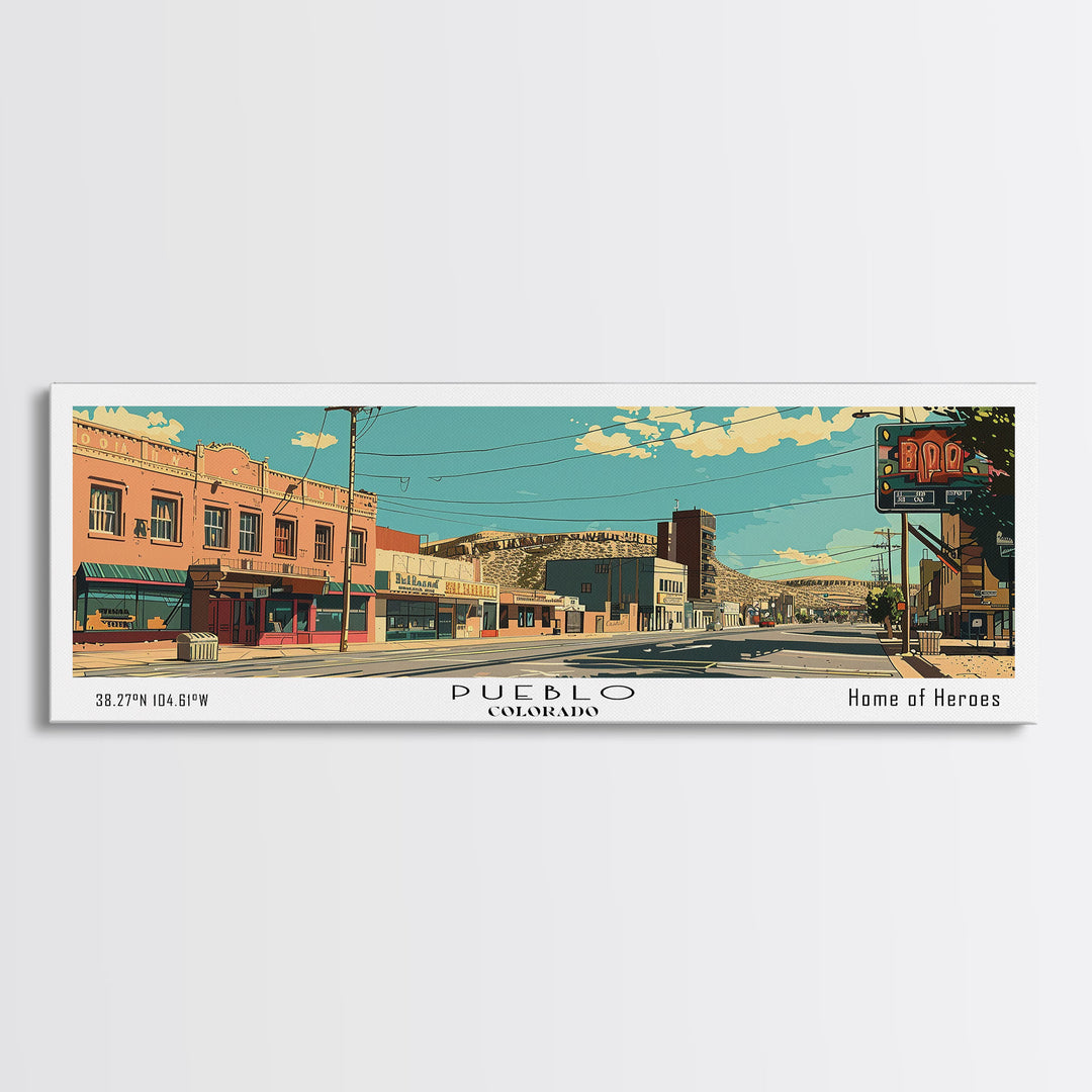 Pueblo Colorado Panoramic Wall Art, Mid Century Modern Framed Canvas Print, Retro Pop Art Travel Poster, City Art, Office Wall Decor, Living Room Art