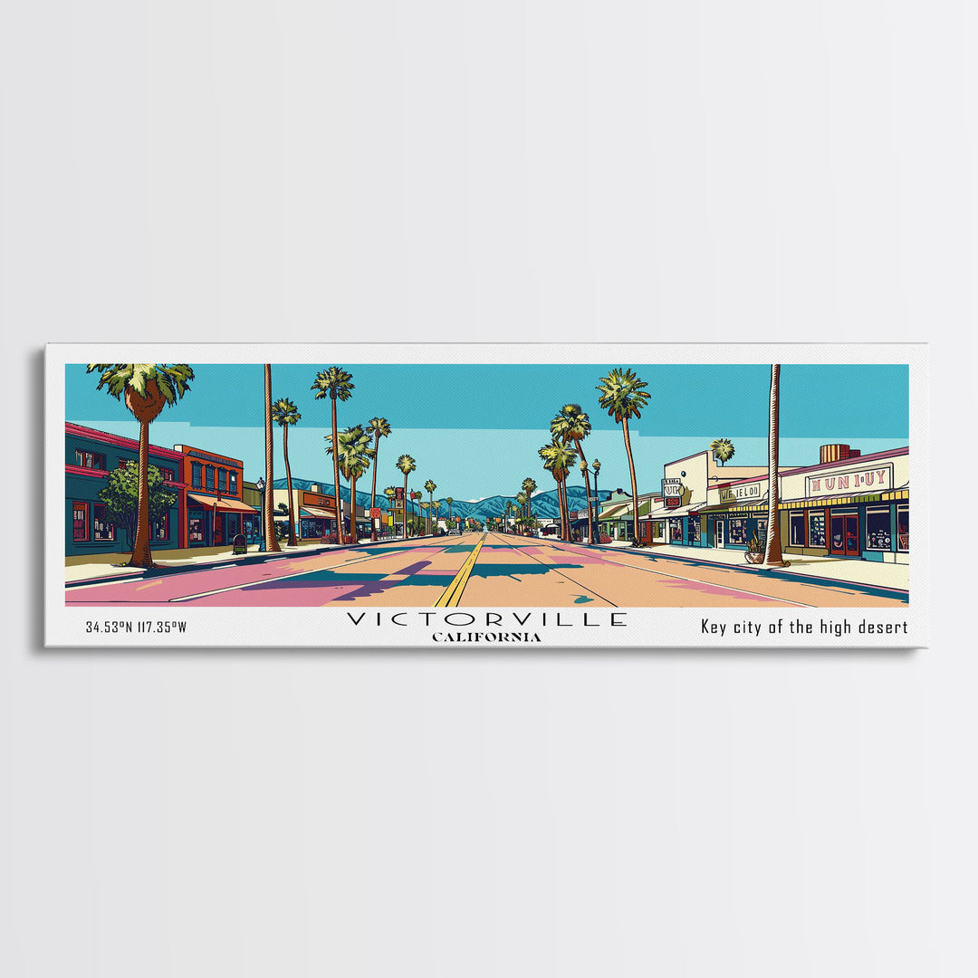 Victorville California Panoramic Art, Mid Century Modern Framed Canvas Print, Retro Pop Art Travel Poster, City Print, Living Room Decor