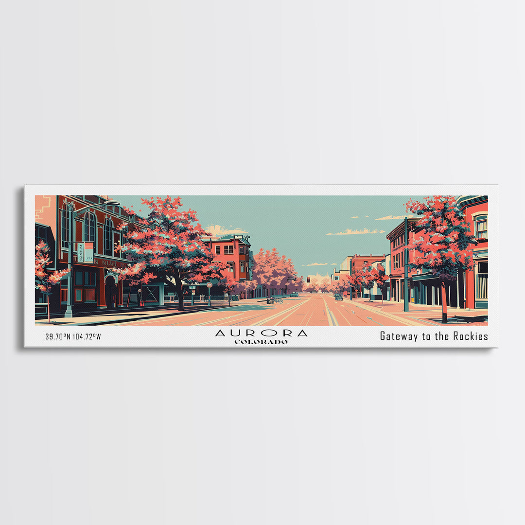Aurora Colorado Panoramic Painting, Framed Canvas Print, Mid Century Modern Wall Art, Retro Pop Art Travel Poster, Office Decor, City Art