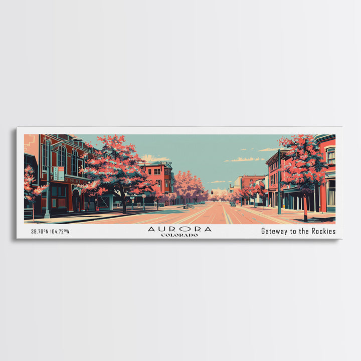 Aurora Colorado Panoramic Painting, Framed Canvas Print, Mid Century Modern Wall Art, Retro Pop Art Travel Poster, Office Decor, City Art