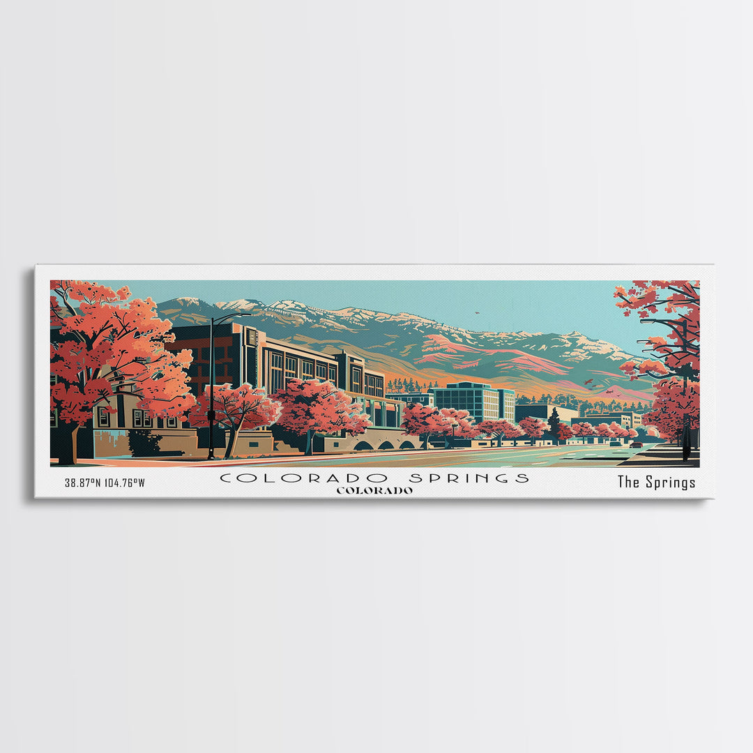 Colorado Springs Colorado Panoramic Painting, Framed Canvas Print, Mid Century Modern Wall Art, Retro Pop Art Travel Poster, Office Decor, City Art