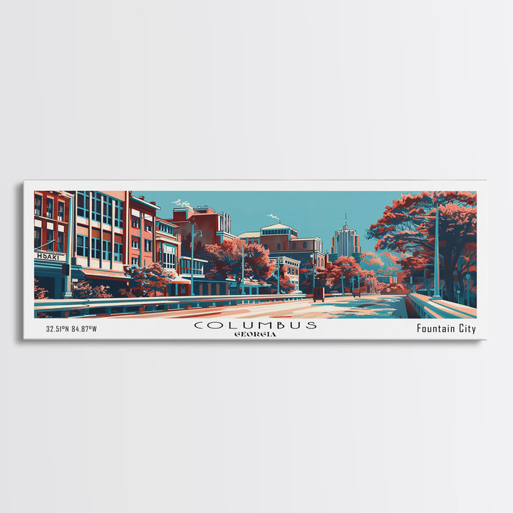 Columbus Georgia Panoramic Painting, Framed Canvas Print, Mid Century Modern Wall Art, Retro Pop Art Travel Poster, Home Decor, City Art