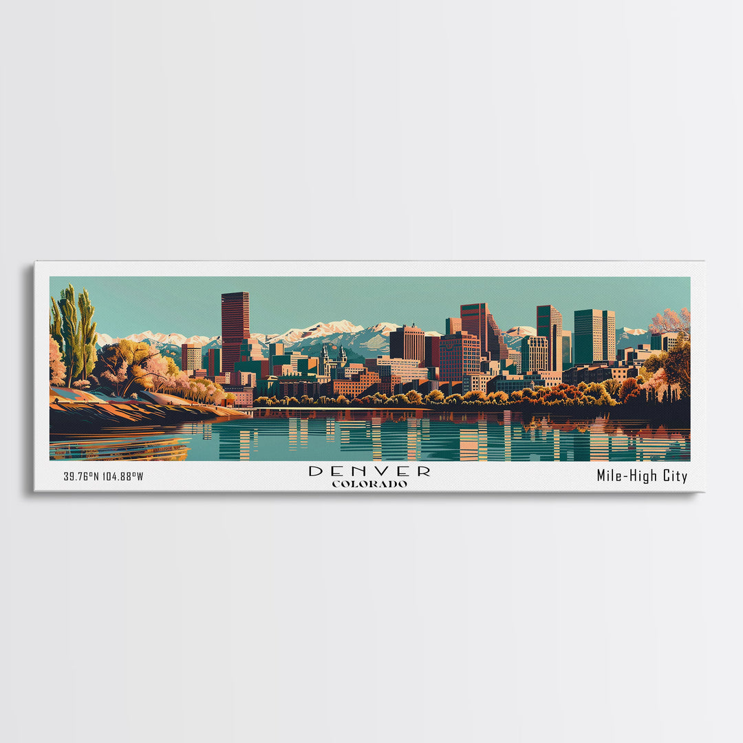 Denver Colorado Panoramic Painting, Framed Canvas Print, Mid Century Modern Wall Art, Retro Pop Art Travel Poster, Living Room Decor, City Art