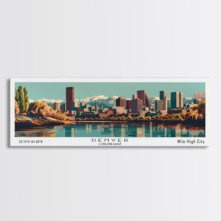 Denver Colorado Panoramic Painting, Framed Canvas Print, Mid Century Modern Wall Art, Retro Pop Art Travel Poster, Living Room Decor, City Art