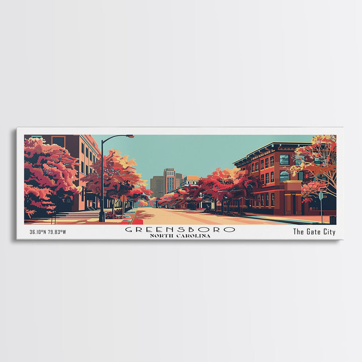 Greensboro North Carolina Panoramic Wall Art, Mid Century Modern Framed Canvas Print, Retro Pop Art Travel Poster, City Art, Living Room Decor, Home Office Decor