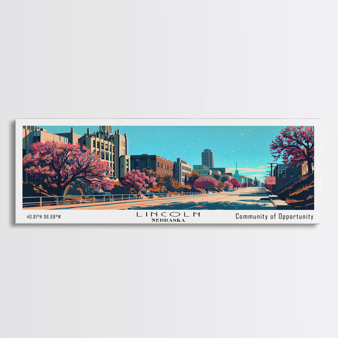 Lincoln Nebraska Panoramic Wall Art, Mid Century Modern Framed Canvas Print, Retro Pop Art Travel Poster, Office Decor, Gift Idea