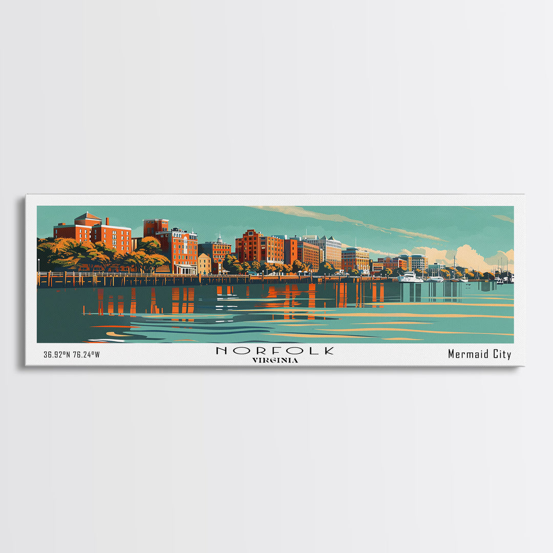 Norfolk Virginia Panoramic Painting, Mid Century Modern Framed Canvas Print, Retro Pop Art Travel Poster, Living Room Wall Decor